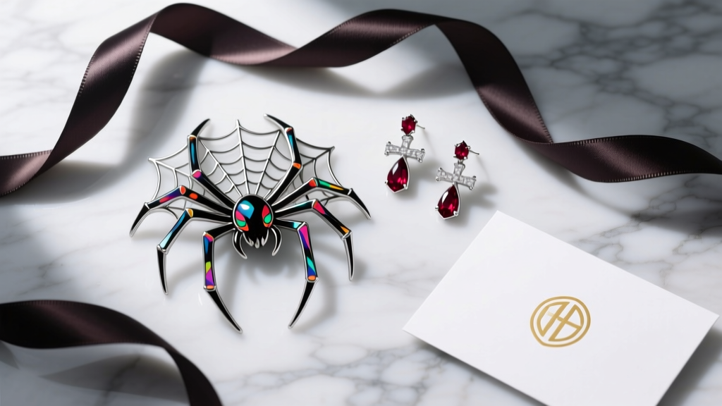 Flat lay of anime spider motif and cross dangle earrings on marble, surrounded by dark ribbon and a gift card.