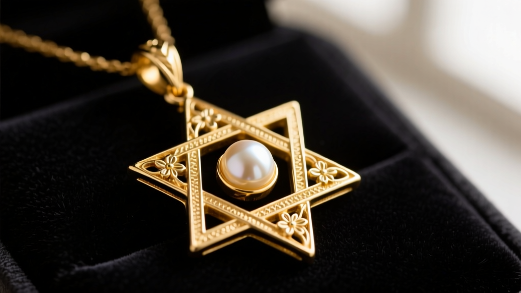 Macro shot of an antique 14k yellow gold Star of David pendant with floral details and a seed pearl center on dark velvet.