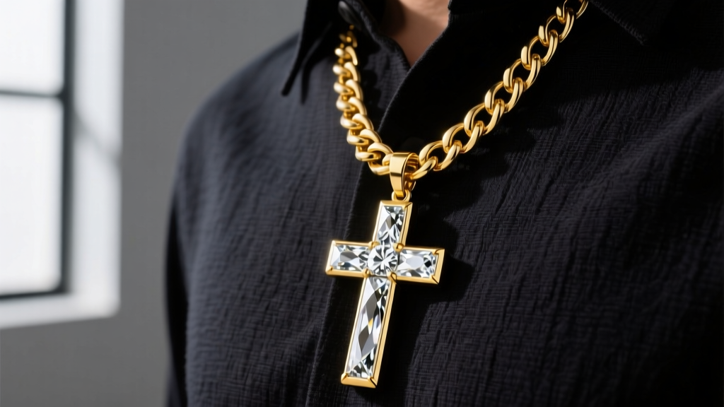 14k yellow gold Cuban chain holding a large solid three-inch diamond-cut cross pendant resting against a dark textured cotton shirt