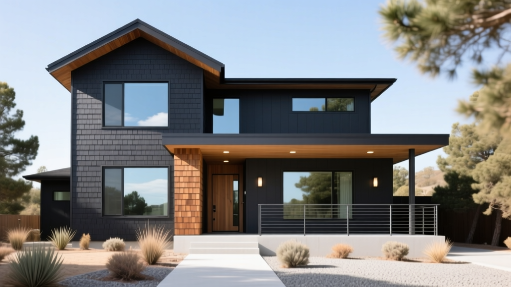 Modern two-story home exterior with dark charcoal fiber cement lap siding and cedar wood shake accents in bright daylight.