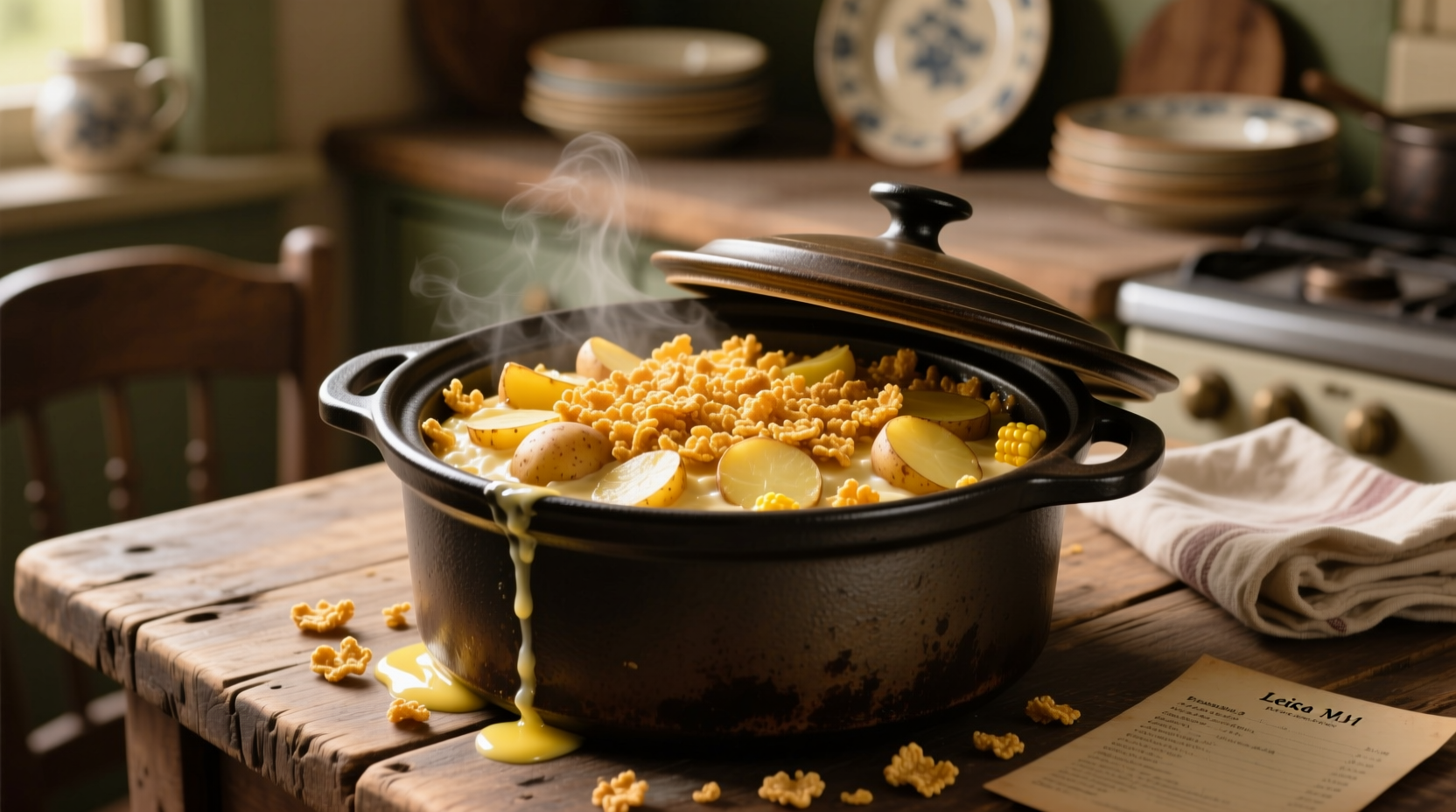 Crockpot filled with golden potato casserole topped with crispy cornflakes
