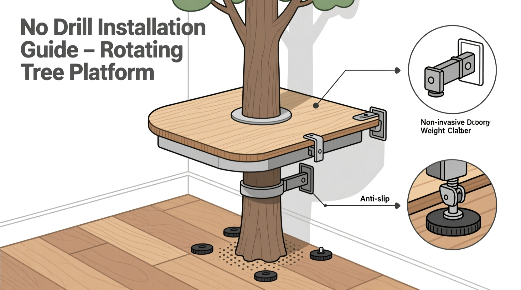 how to mount a rotating tree platform without drilling into hardwood floors