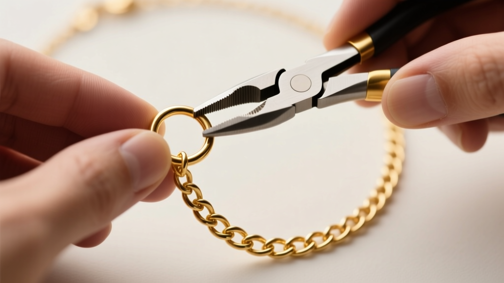 Jeweler hands using flat-nose pliers to carefully open a 20-gauge gold jump ring on a delicate chain link gold necklace.