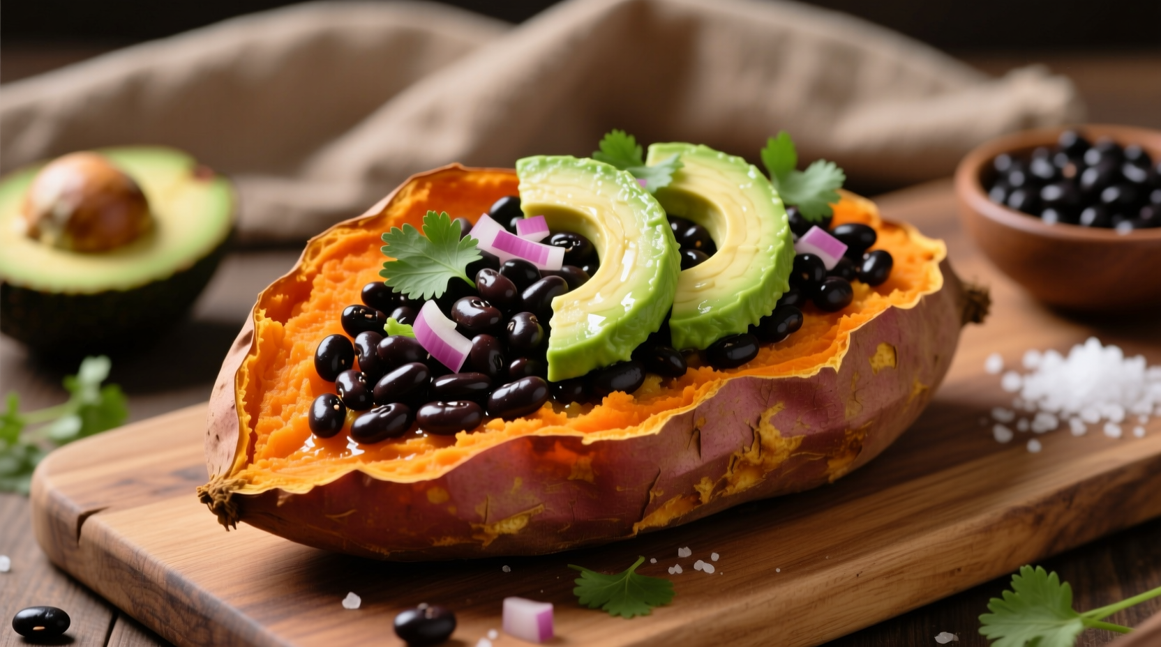 Sweet potato with black bean and avocado toppings