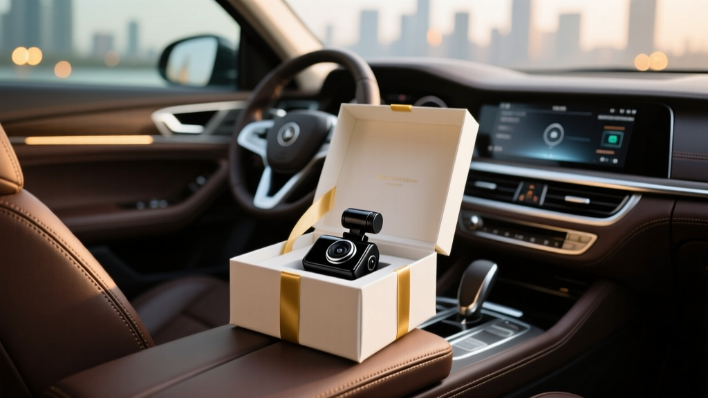 A stylishly wrapped gift box on a luxury sedan passenger seat revealing a sleek black dash cam inside ambient lighting.