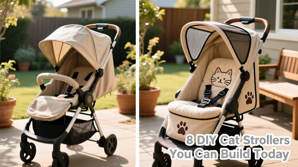 Side-by-side comparison showing a basic baby stroller before modification and the same model after being converted into a cat-friendly stroller with mesh windows, padded seat, and secure harness points