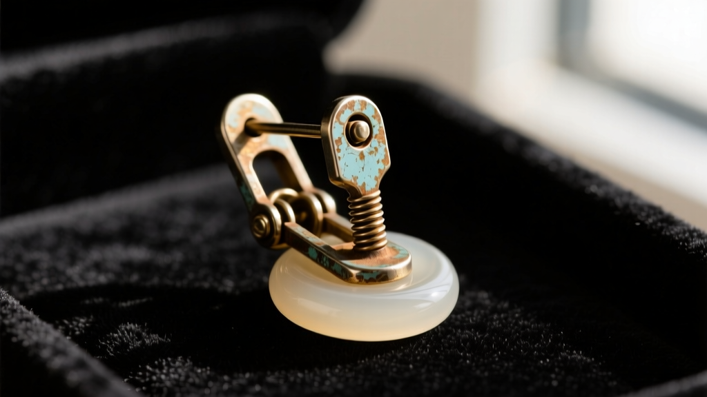 Close-up of tarnished paddle-back clip-on earring mechanism with a celluloid comfort pad resting on a dark velvet jeweler
