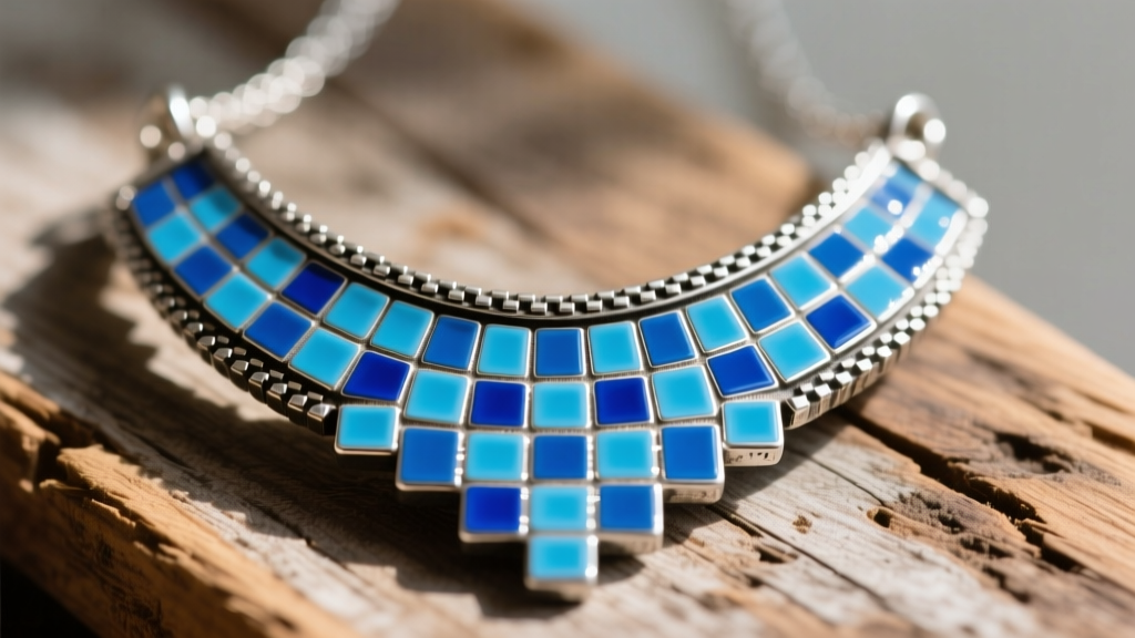 Macro shot of a pixel-art necklace showing blue bathhouse tiles in hard enamel, set in oxidized sterling silver on rustic wood.