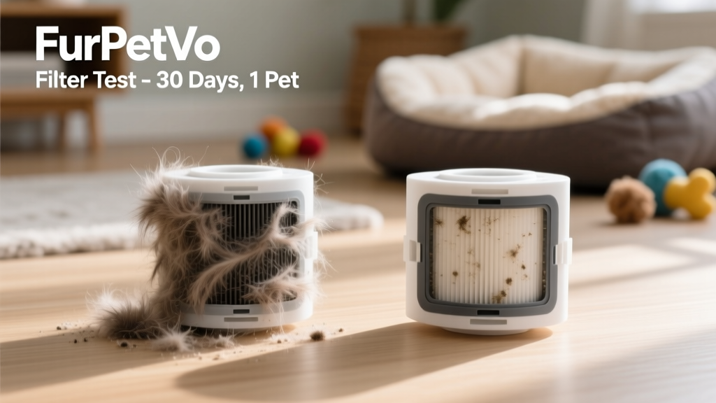 Side-by-side comparison showing pet hair and dander captured on FurPetVo filter cartridges after one month of use