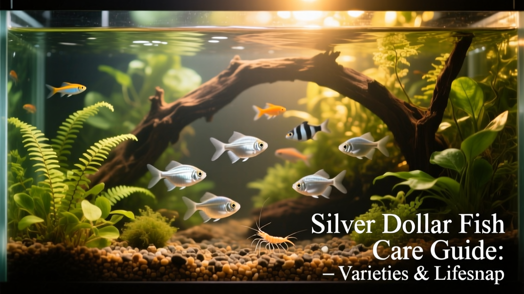Aquarium setup featuring Silver Dollar Fish alongside compatible tank mates, lush plants, driftwood, and natural substrate