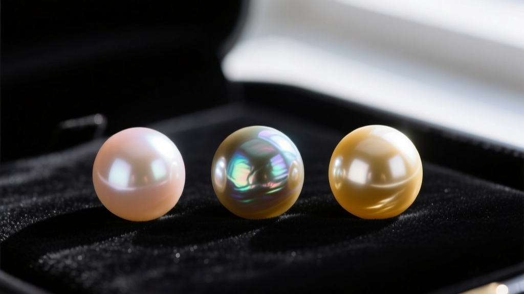 Macro shot of peach freshwater, peacock Tahitian, and golden South Sea pearls resting on a dark velvet jeweler's tray.