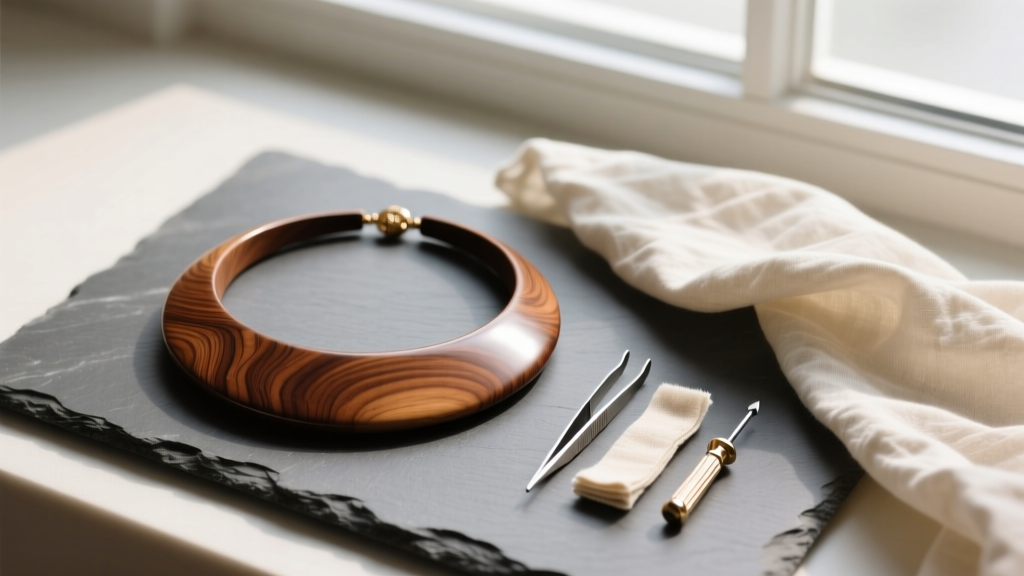 Top view of a brown wooden statement necklace treated with jojoba oil, resting on slate next to a cloth and small jewelry tools.