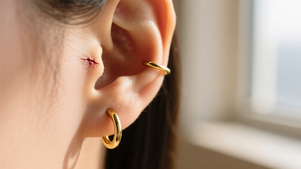 Macro shot of a healed earlobe piercing wearing a minimalist 14k gold huggie hoop, displaying healthy skin and perfect placement.