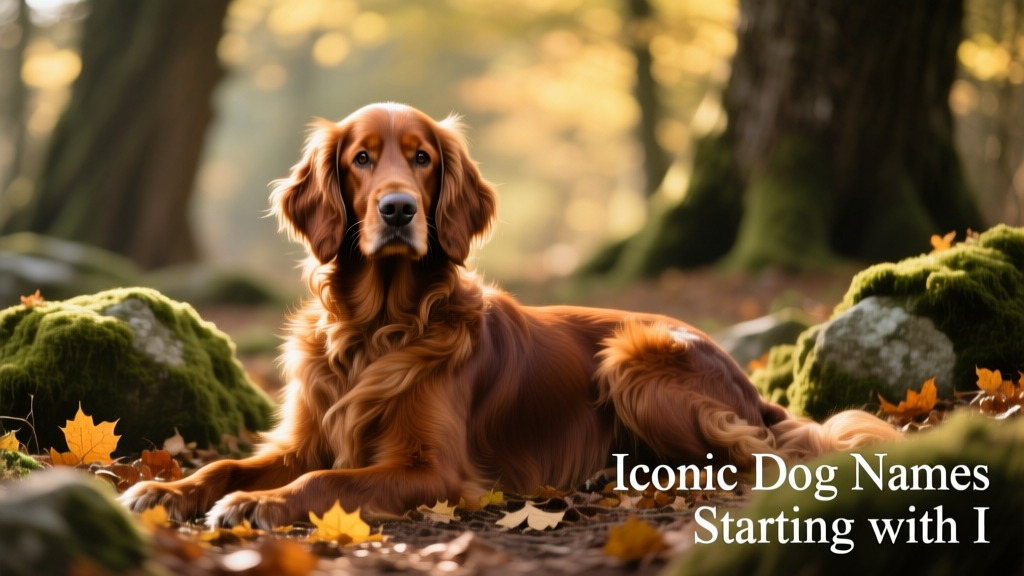 Irish Red Setter resting calmly in dappled forest light, ears perked and alert