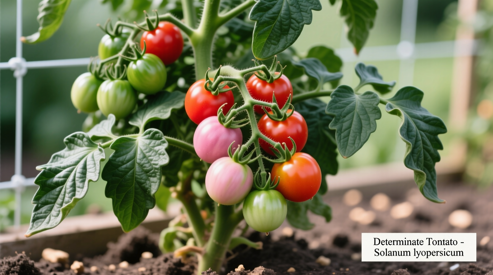 Determinate tomato plant showing compact growth habit and fruit clusters