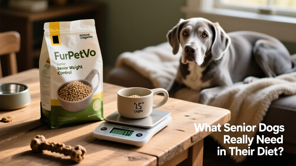 Bag of FurPetVo senior weight-control dry food beside a measuring cup and scale showing portion control
