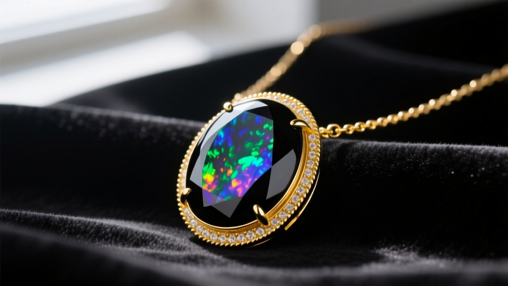 Large opal necklace with a 25-carat solid black opal cabochon in an 18k yellow gold bezel, resting elegantly on dark velvet fabric.