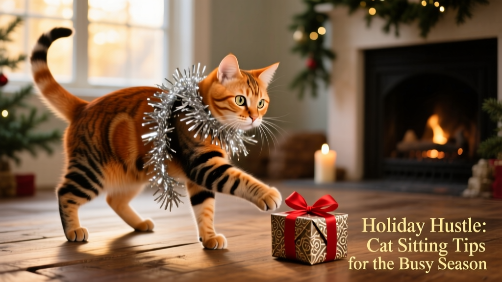 A short-haired ginger tabby playfully draped in tinsel, batting at a small wrapped gift
