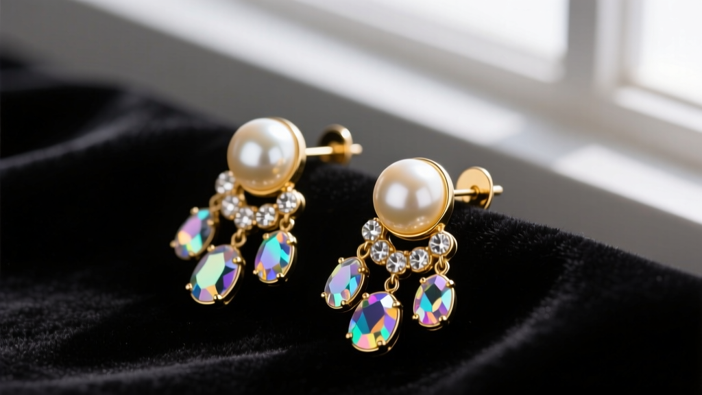 Vintage Marvella gold-tone clip-on earrings with large simulated pearls and aurora borealis rhinestones resting on dark velvet.
