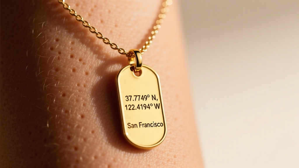 Macro shot of a 14k yellow gold mini dog tag pendant with engraved coordinates, hanging from a delicate cable chain on warm skin