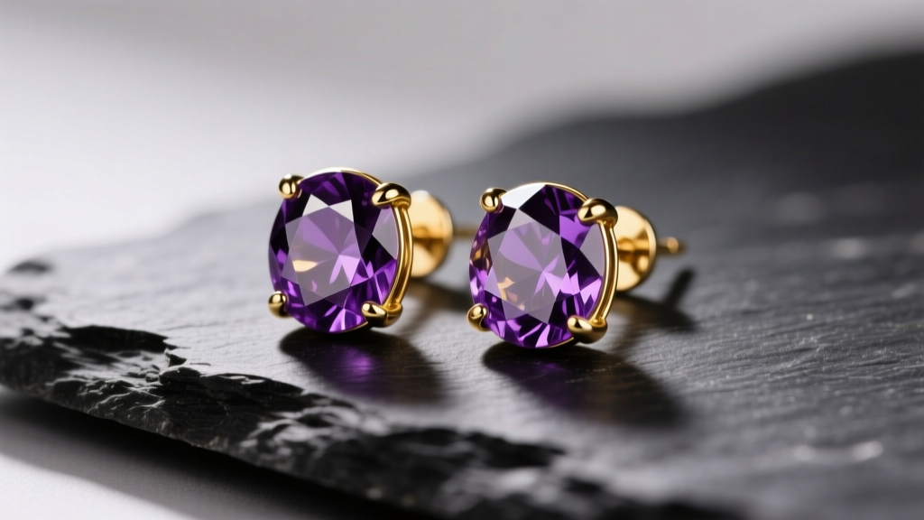 Close-up of 14k gold amethyst stud earrings on dark slate, showing deep purple facets under soft warm directional studio lighting.