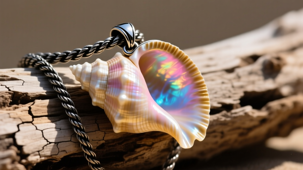 Close-up of a massive four-inch conch shell pendant on a thick oxidized silver rope chain resting on weathered driftwood