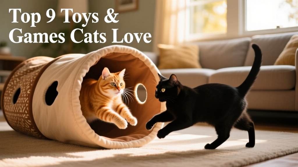 Two cats playing together inside a fabric tunnel with peekaboo holes