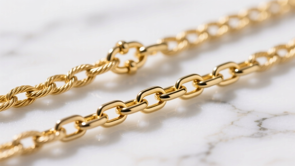 Macro shot of a 2mm gold rope chain and a 1.5mm box chain on white marble, displaying link structures and lobster clasp details