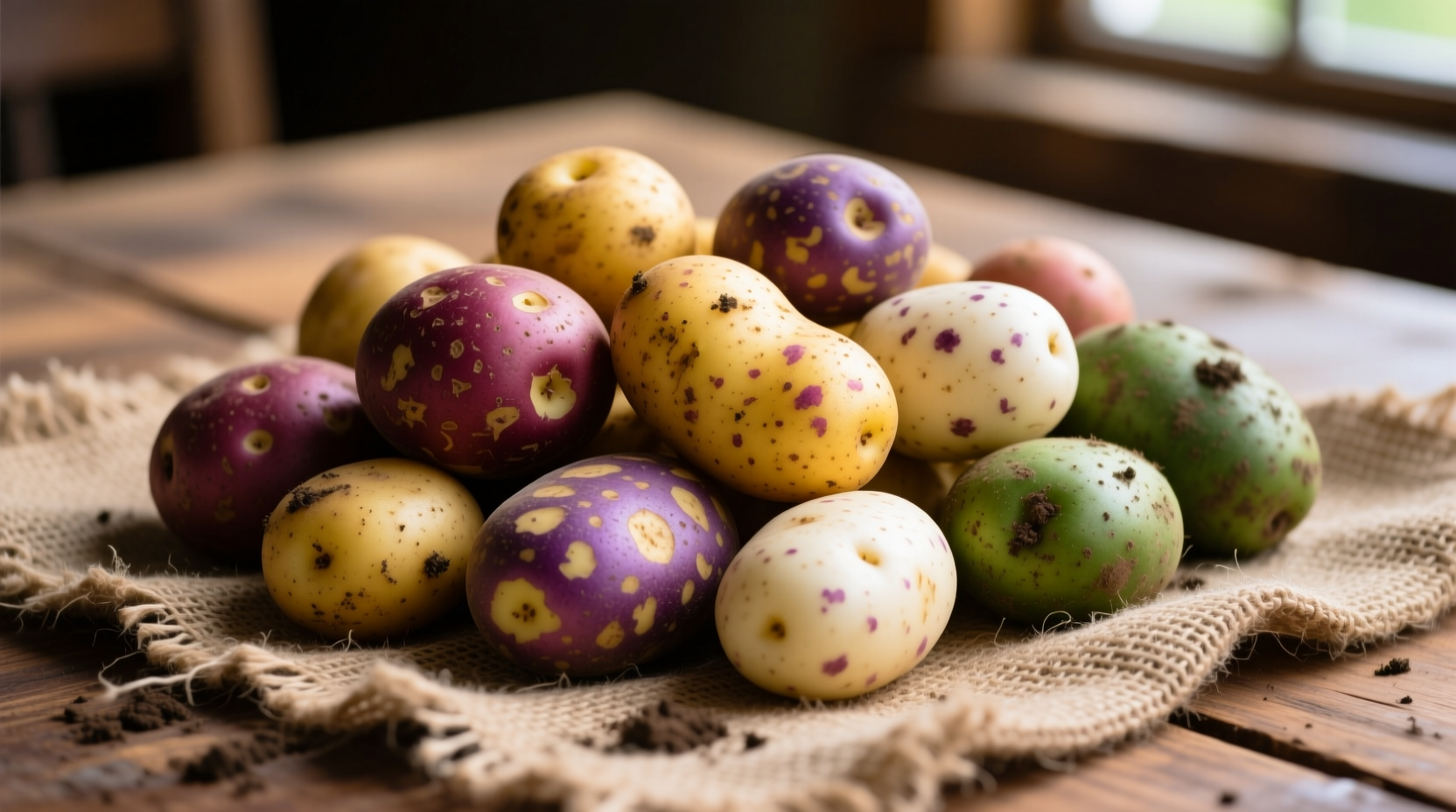 Colorful assortment of heirloom potato varieties on burlap