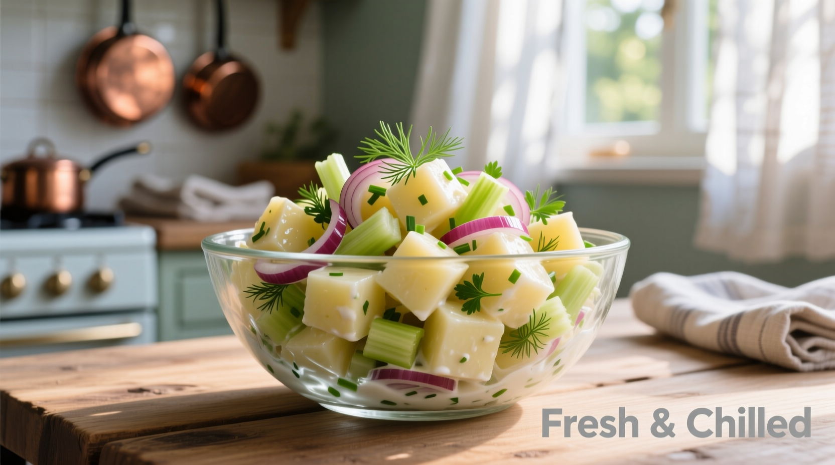 Chilled potato salad in glass bowl with fresh herbs