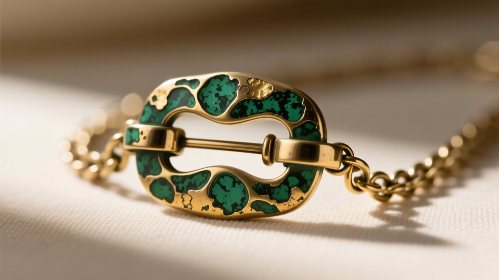 Close-up of a tarnished brass jewelry clasp showing green verdigris buildup and worn gold plating on a luxury designer chain.