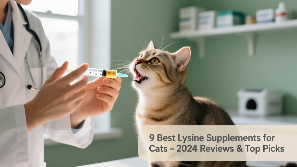 A veterinarian holding a small syringe of lysine gel while gently administering it to a relaxed cat’s mouth
