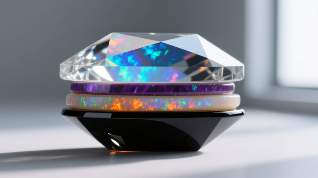 Side profile of an opal doublet and triplet, highlighting the clear quartz cap and black glass backing glued to a thin opal slice