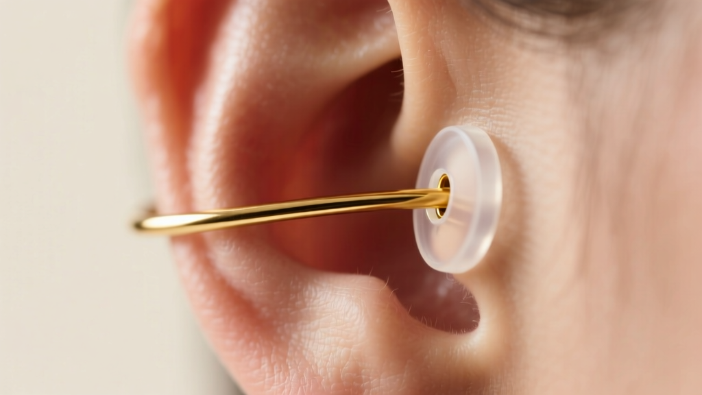 Macro shot of an 18-gauge gold earring wire secured with a clear silicone support patch on a pierced earlobe in studio light