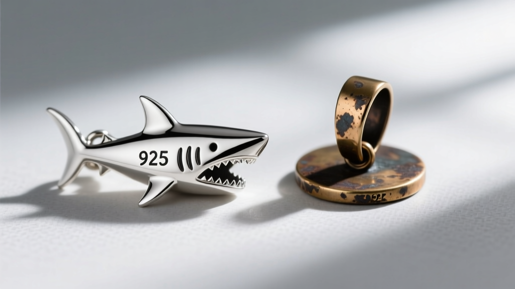 Close-up of a 925 sterling silver shark pendant bail showing the quality stamp next to a tarnished brass base-metal replica.