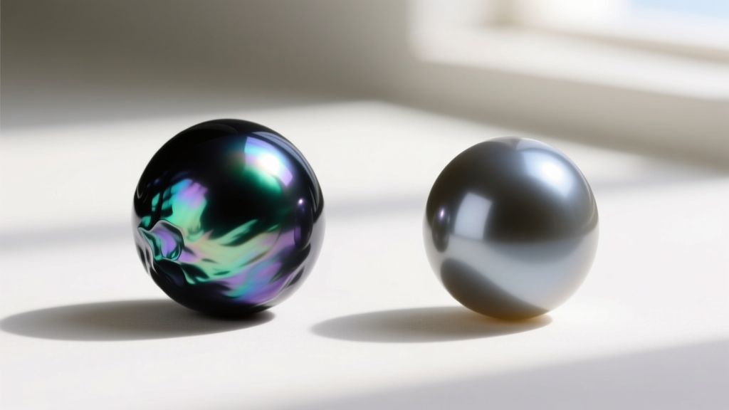 Side-by-side view of genuine Tahitian black pearl with peacock overtones next to a dull, uniformly painted glass imitation pearl.