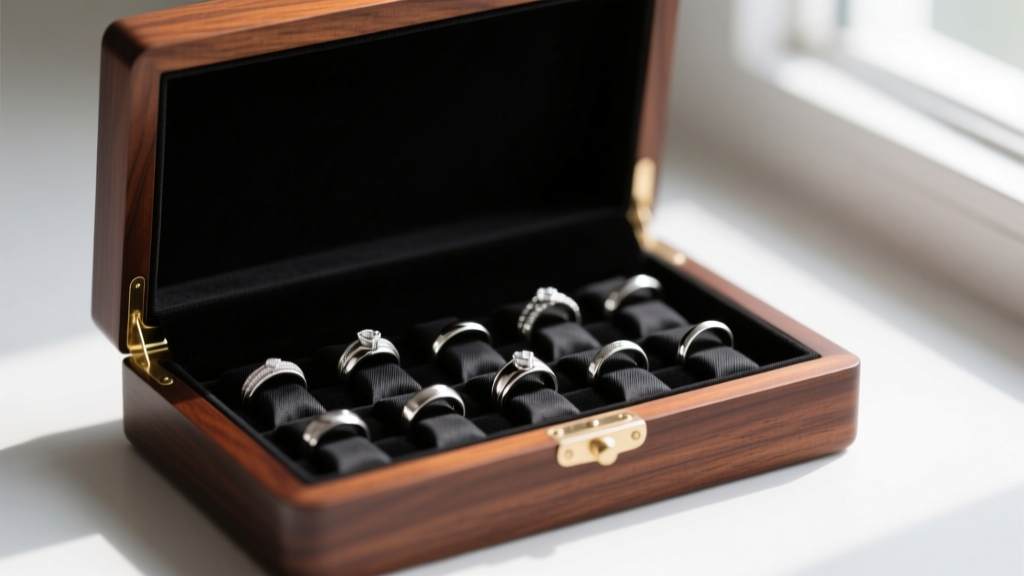 Open mahogany box displaying black anti-tarnish cloth lining, silver rings arranged neatly in individual fabric ring rolls inside.