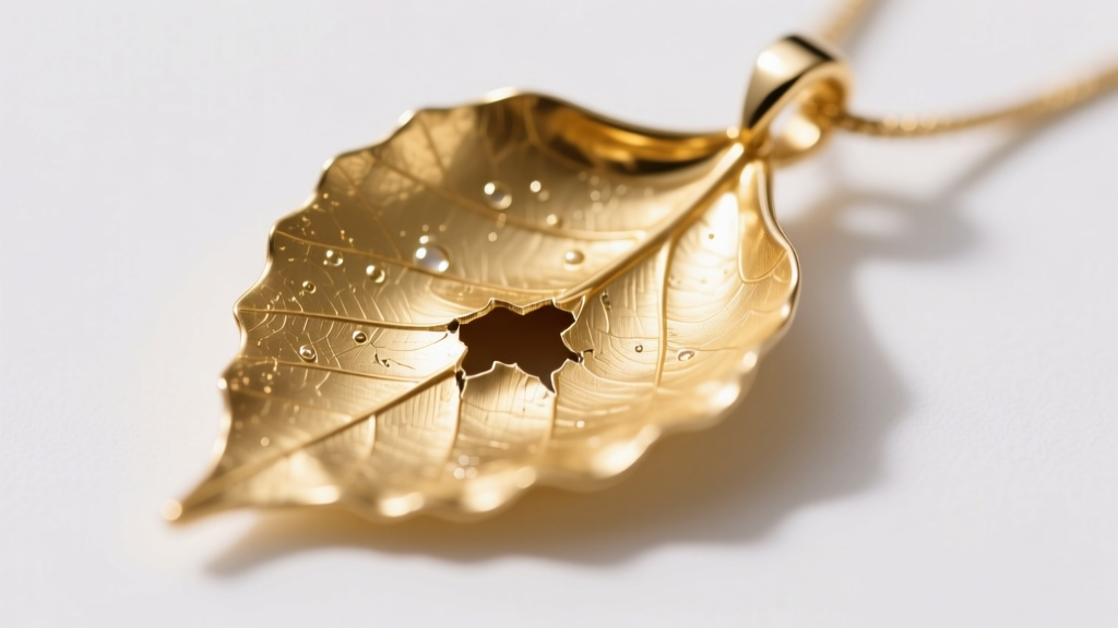 Macro shot of a paper shell gold leaf pendant showing ultra-thin metal walls and internal hollow structure after minor denting.
