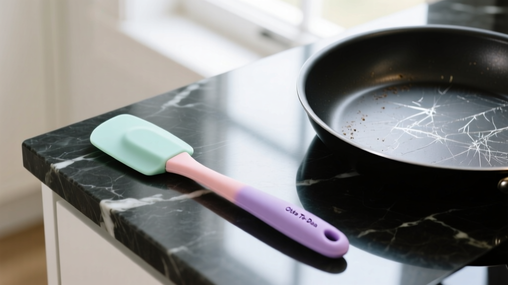 Overhead shot of a pastel-colored Ototo Ta-Daa silicone spatula resting on a dark quartz countertop next to a scratched non-stick frying pan