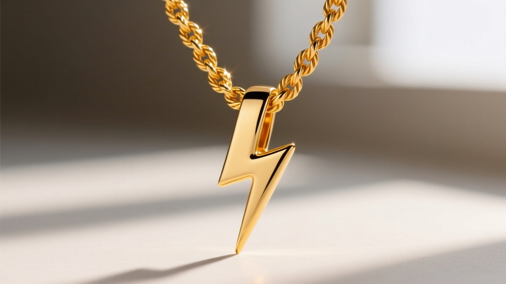 Close-up of a 4mm 14k yellow gold rope chain through a lightning bolt pendant bail, showing the twisted link structure.