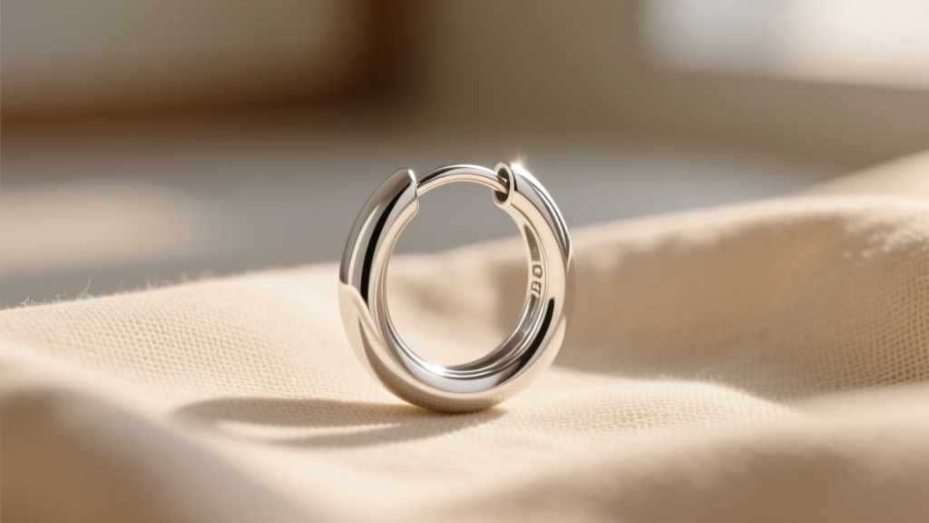 Macro shot of a polished .925 sterling silver huggie hoop earring resting on soft beige linen, lit by warm directional sunlight.