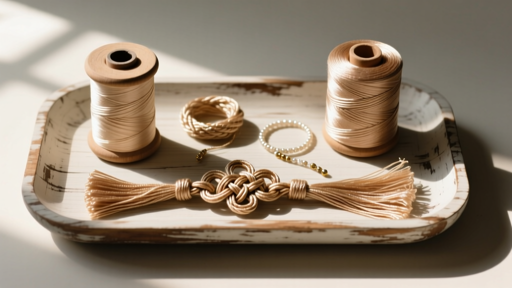 Spools of Griffin silk, Chinese knotting cord, and S-lon thread arranged on a wooden jeweler's bench under warm studio lighting