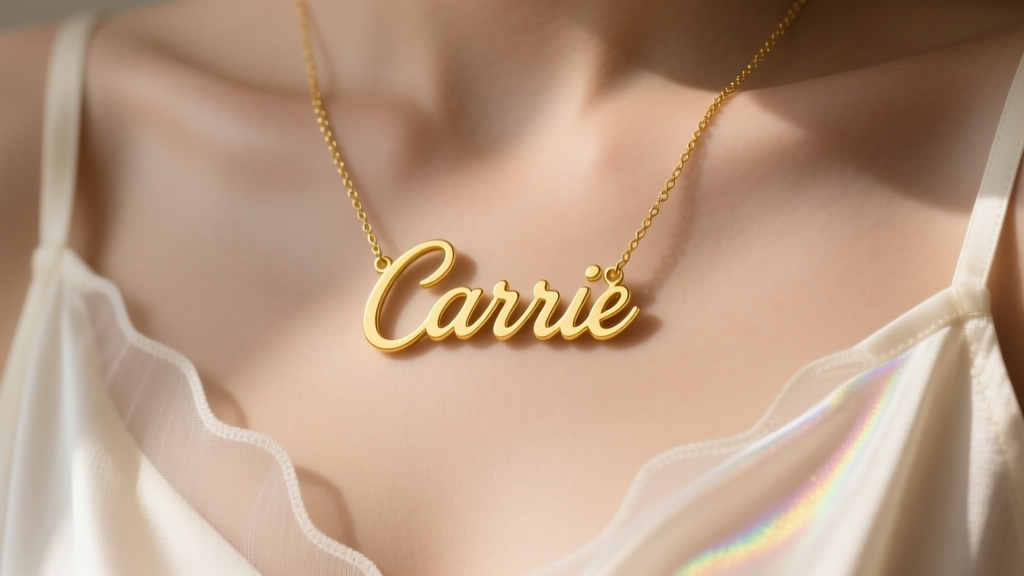 Close-up of a 14k yellow gold script nameplate necklace spelling Carrie on a silk camisole, soft studio lighting, detailed