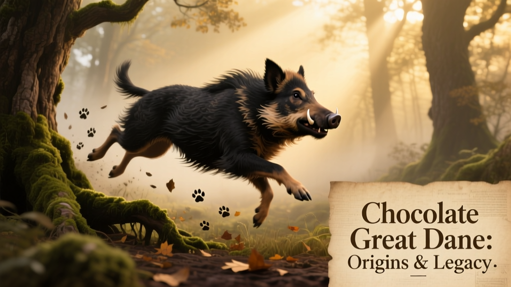 Historic illustration of a German Boar Hound hunting in a forested landscape