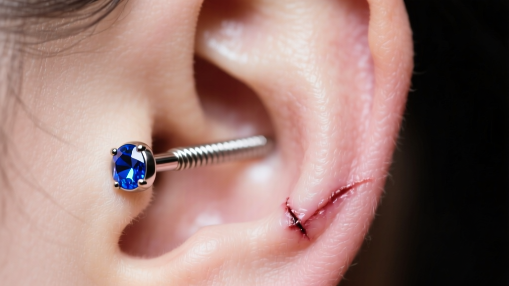 Side profile of a healed helix cartilage piercing featuring a 16-gauge titanium threaded end with a small bezel-set sapphire gem