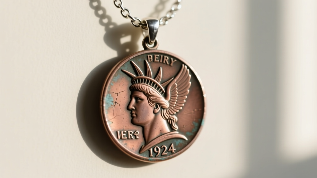Macro photography showing the obverse winged Liberty cap detail on a worn 1924 Mercury dime pendant with a sterling silver chain