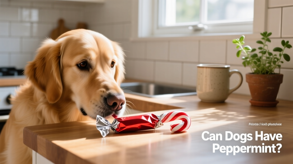 Dog cautiously sniffing a wrapped peppermint candy cane on a countertop
