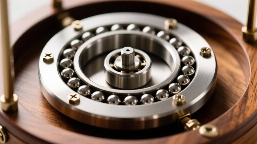 Close-up of a steel lazy susan bearing under a wooden jewelry carousel, highlighting the ball bearings and metal mounting screws
