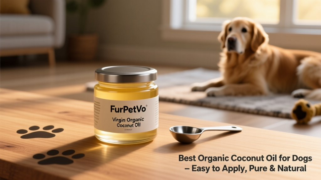 Jar of FurPetVo Virgin Organic Coconut Oil on a clean wooden surface, with a small scoop beside it
