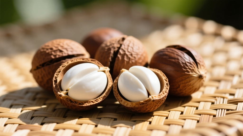 Split candlenut seeds showing white kernels next to sun-dried brown shells on a woven lauhala mat in bright outdoor lighting.